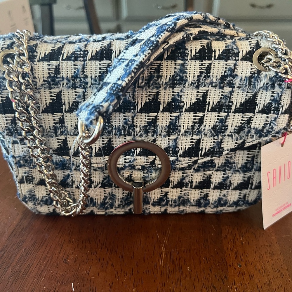 Savida Houndstooth Shoulder Bag Purse Blue Cream